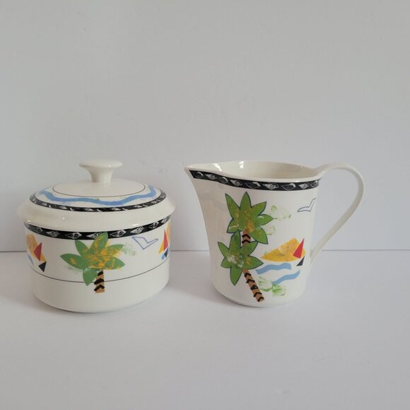 Mikasa Maxima Creamer & Sugar Bowl Set Fine China Tropical Palm Design Made In J - Picture 1 of 7